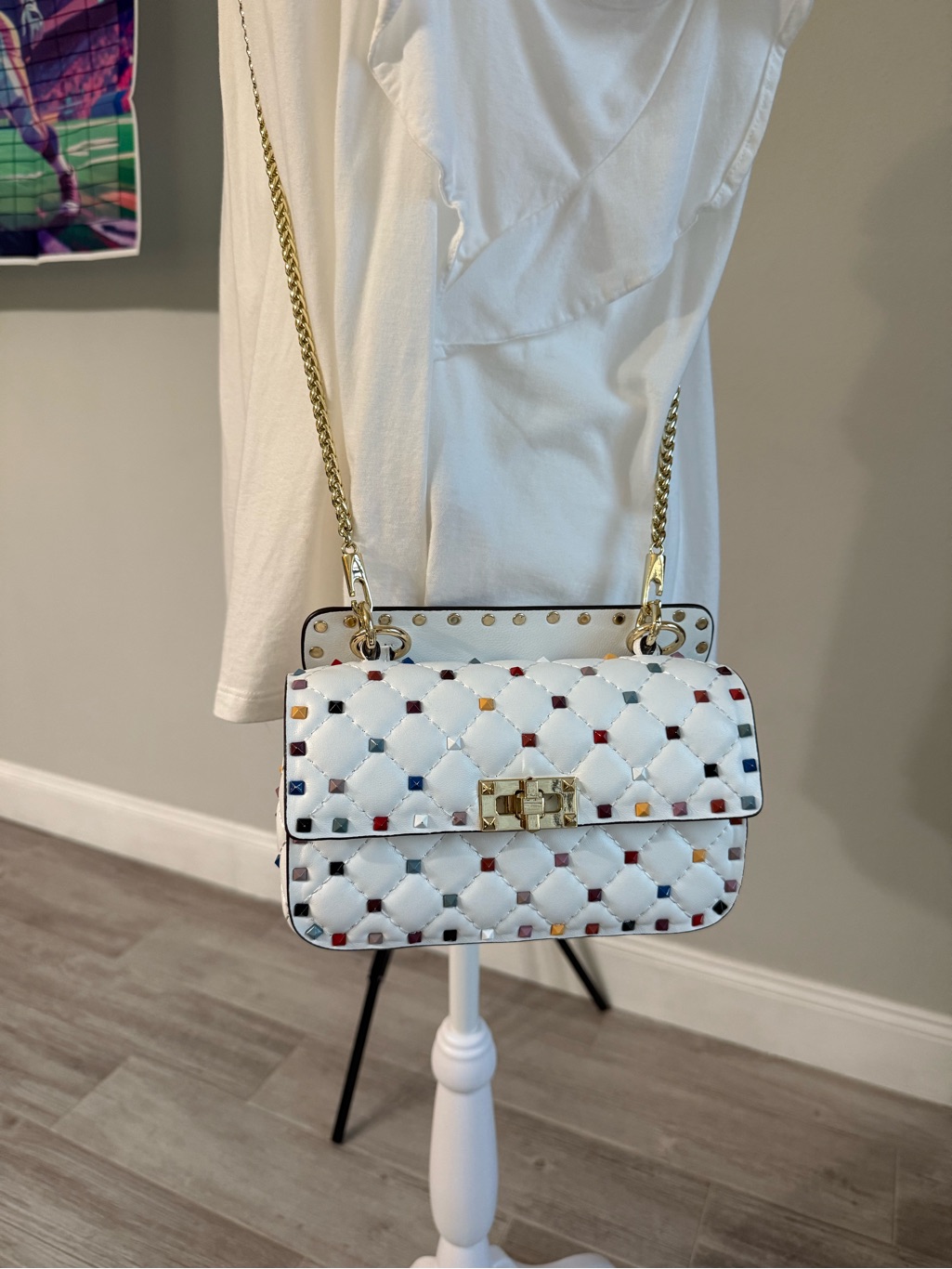 Tiffany And Fred Paris White Quilted Crossbody Bag With Multicolor Stud Accents — image 3 of 8